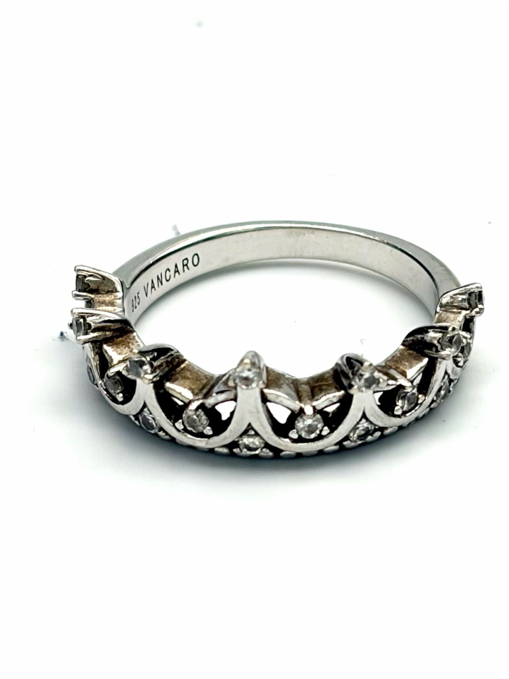 Signed Sterling Silver Crown Band Ring with Clear Crystal Stones - Vancaro- Sz 7